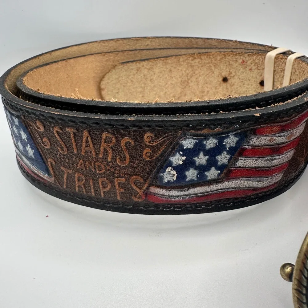 Brushy Creek Mens 38 Leather Belt USA Stars & Stripes Flag Western Brass Buckle